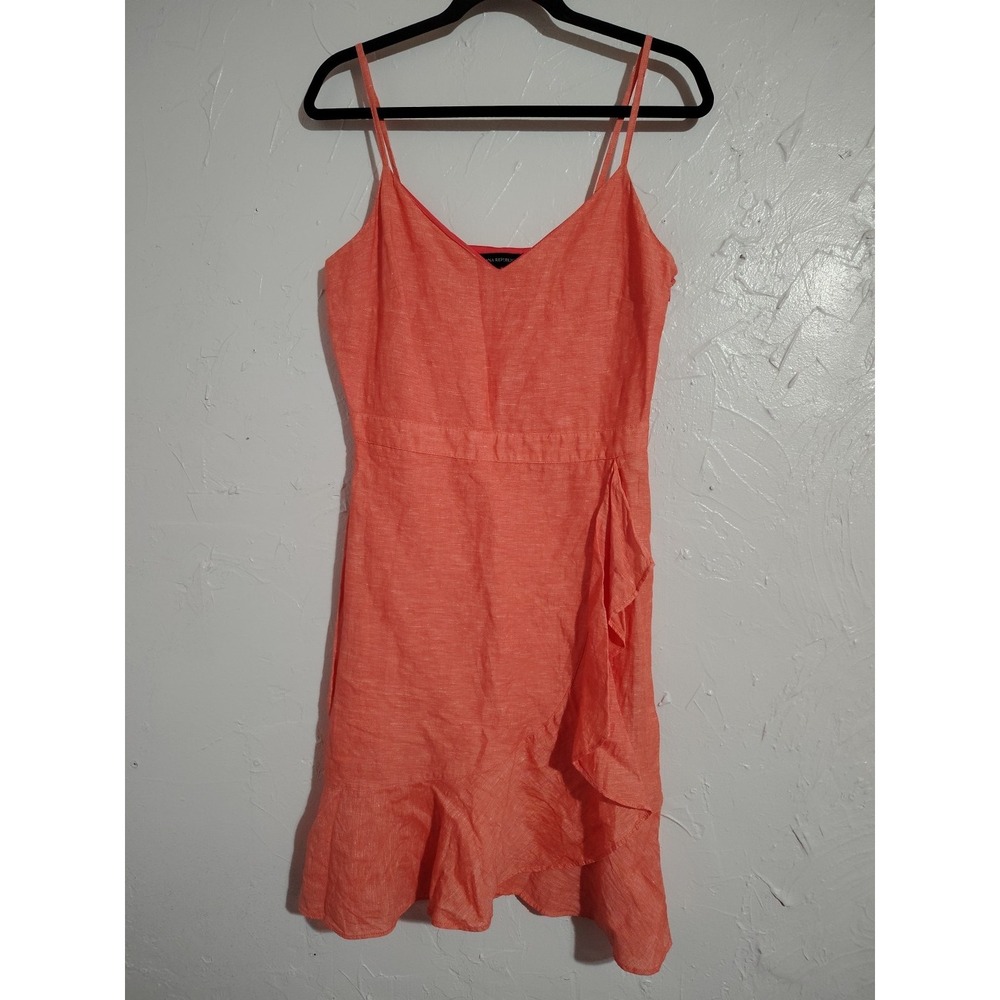 Banana Republic Linen Blend Sleeveless Wrap Dress Ladies 4 Coral Ruffle Babydoll
